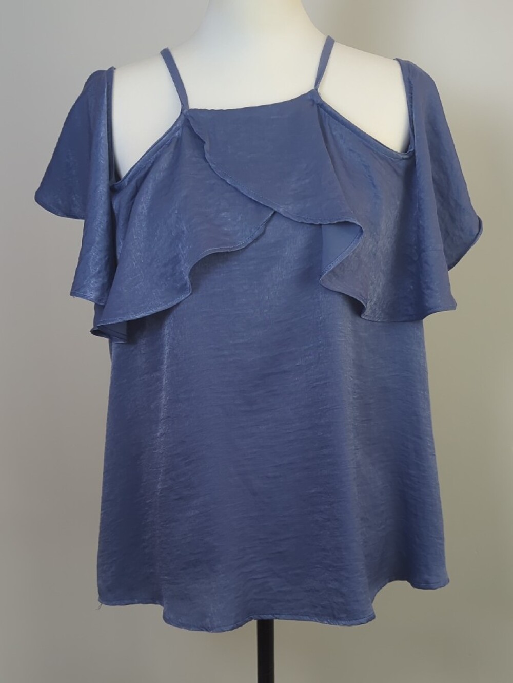 NWT Fab'rik Blue Cold Shoulder Ruffle Satin Blouse Top LARGE